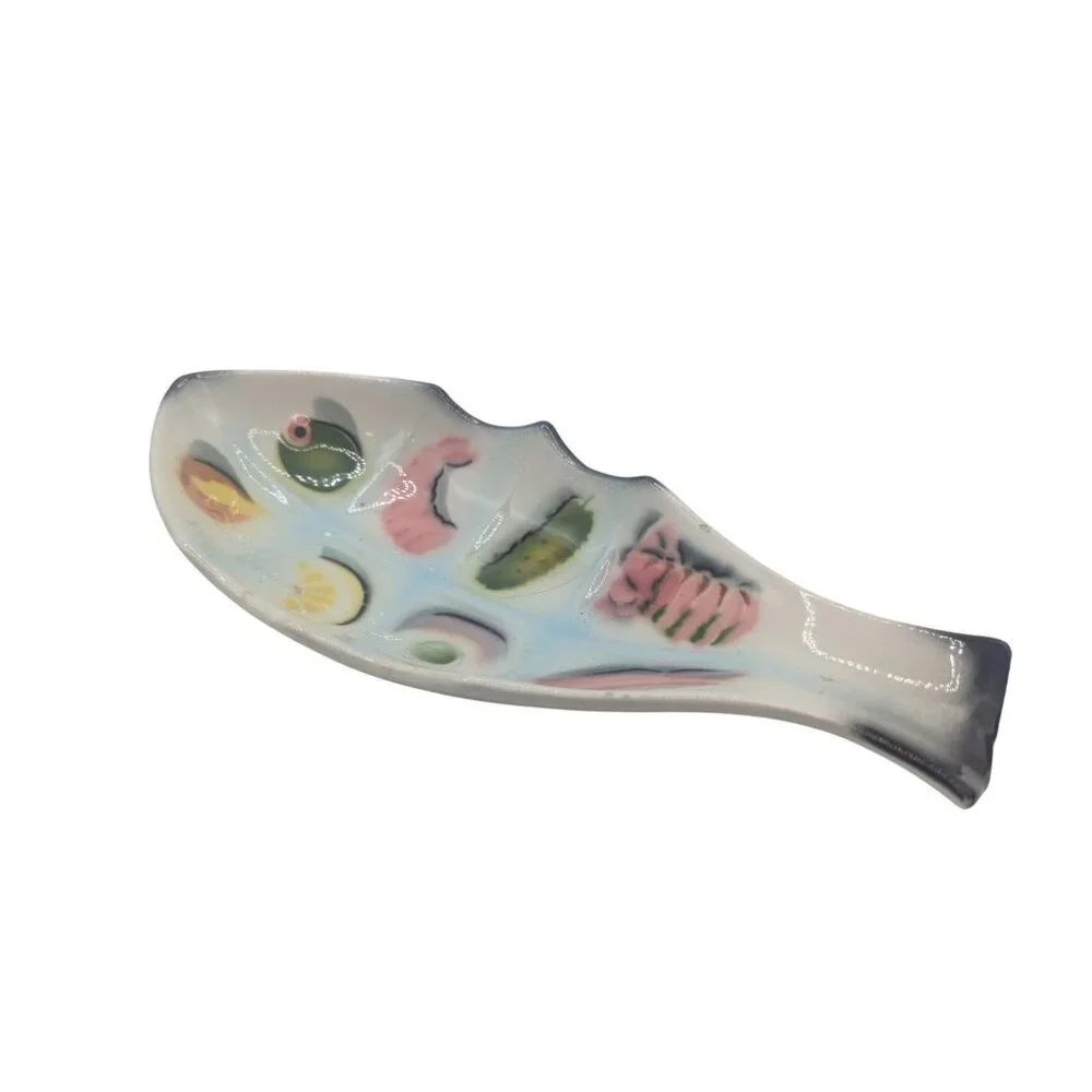 Hand-Painted Ceramic Fish-Shaped Divided Serving Dish With Vibrant Food Motifs